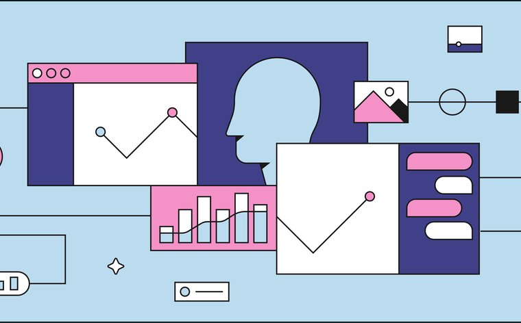 pink and blue line illustration of a person's profile outline and charts demonstrating growth and data - influencer marketing ROI