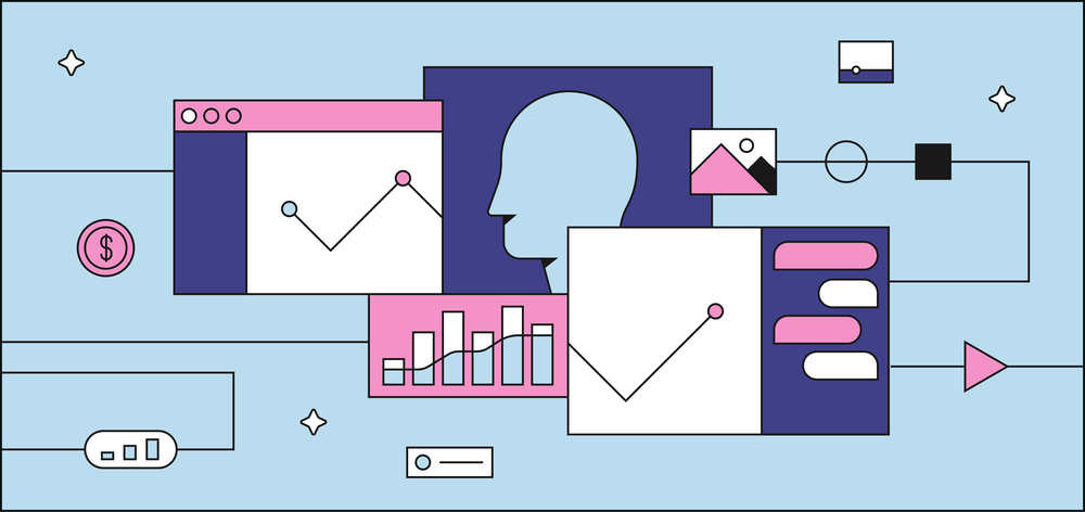pink and blue line illustration of a person's profile outline and charts demonstrating growth and data - influencer marketing ROI