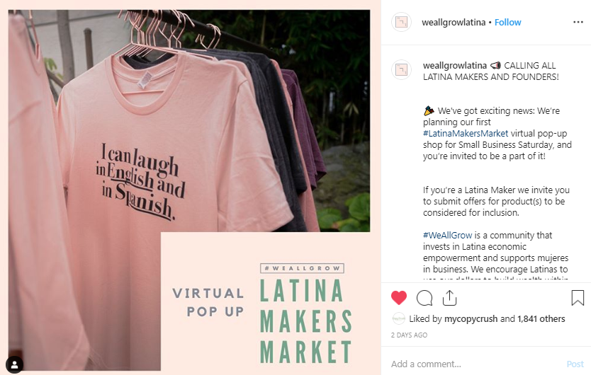 A screenshot of post by We All Grow Latina from Instagram of tshirts in pale pink.