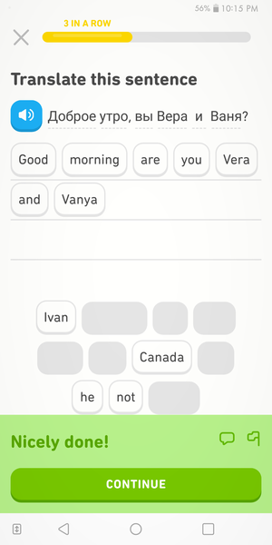 screenshot of Duolingo russian lesson on mobile
