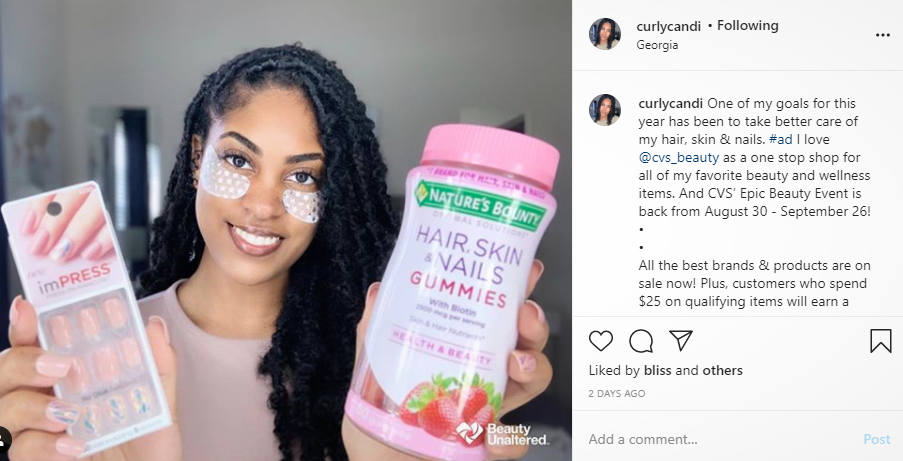  Brand awareness post from micro-influencer @curlycandi to promote cvs beauty