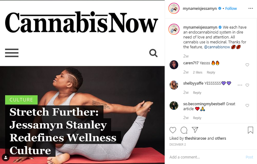 A screenshot of post on Instagram by 'mynameisjessamyn' on a Cannabis Now article.