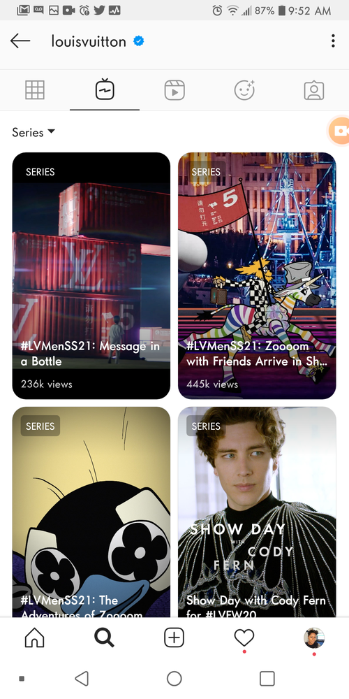 screenshot of Louis Vuitton's IGTV content