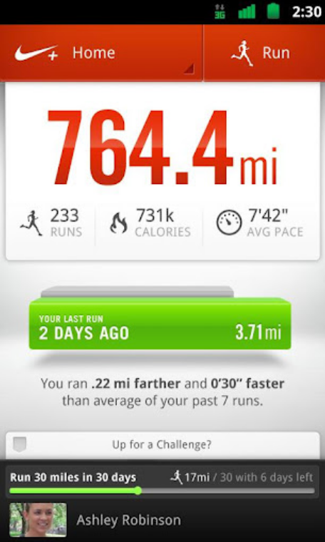 Screenshot from Nike+ App from Instagram.