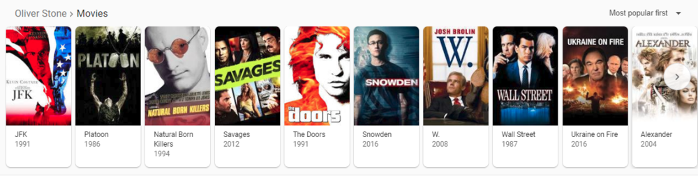 Screenshot of results from Google search on Oliver Stone> Movies.