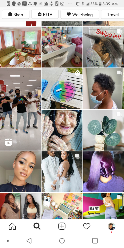 screenshot of Instagram Explore tab with Reels at 4x the size of regular Explore Posts