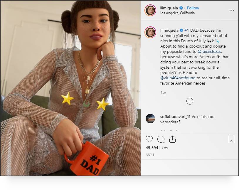 Screenshot of a post from lilmiquela's handle on instagram.