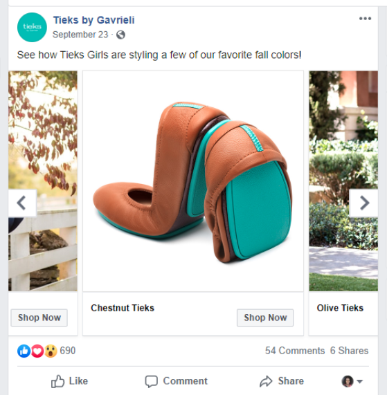 Screenshot of a post on Facebook from Tieks by Gavrieli of a Chesnut Tieks.