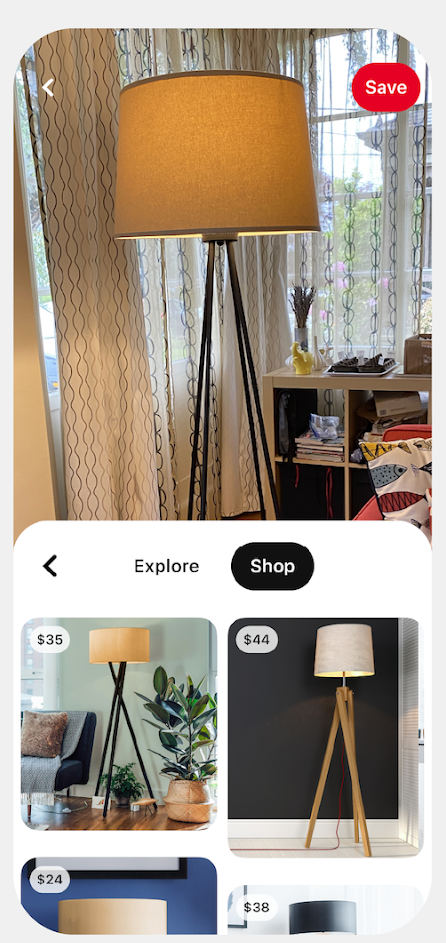 Shoppable Lens on Pinterest showing a lap and options to buy similar lamps