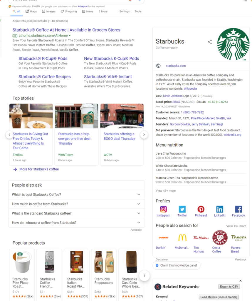 A screenshot of a google search on Starbucks.