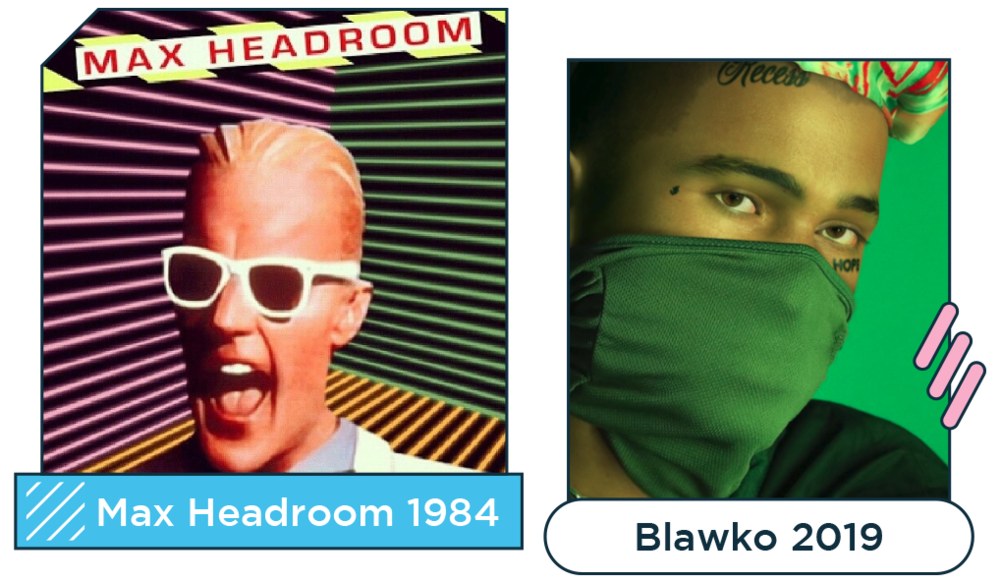 Posters of Max Headroom 1984 and Blawko 2019.