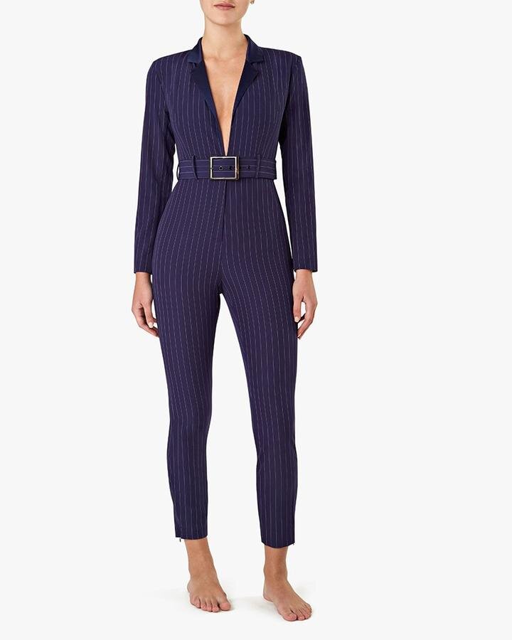 An image of We Wore What Navy Pinstripe Blazer Jumpsuit