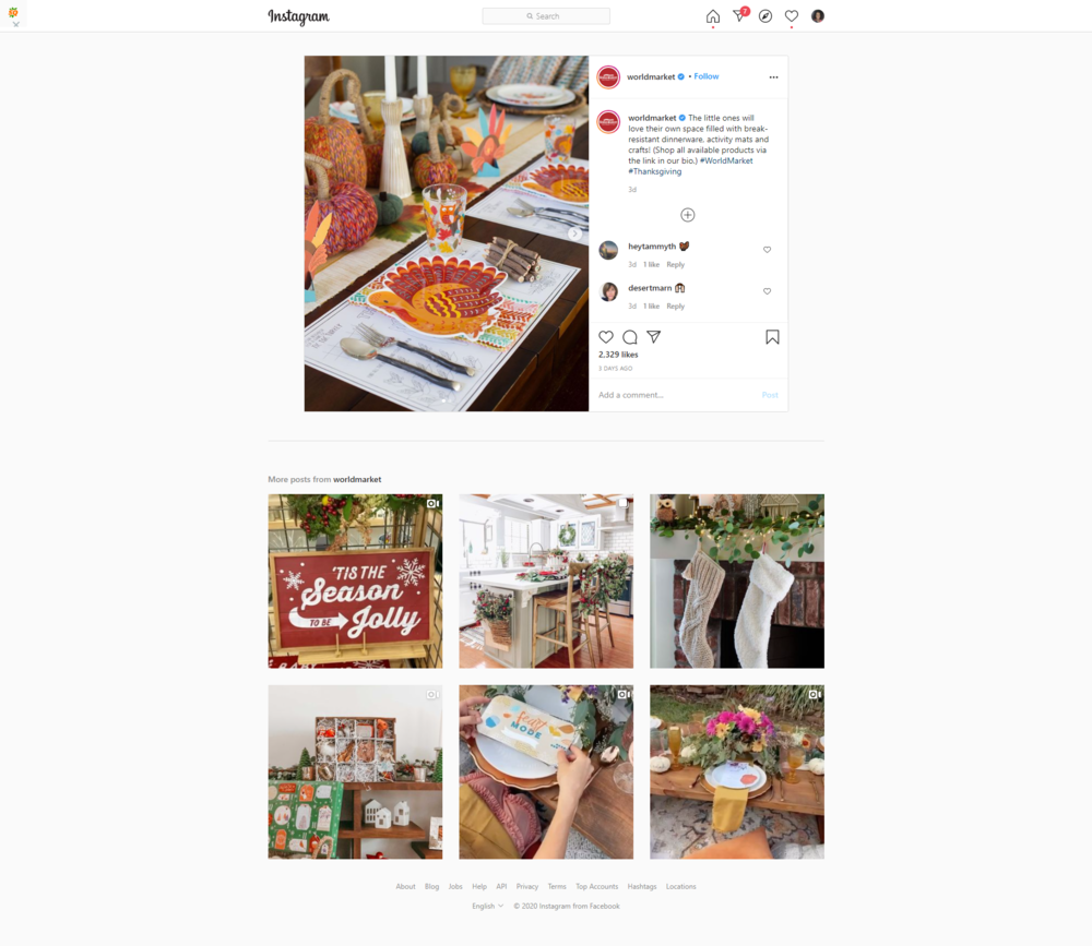 screenshot of IG page from World Market with holiday tablescape and decor ideas