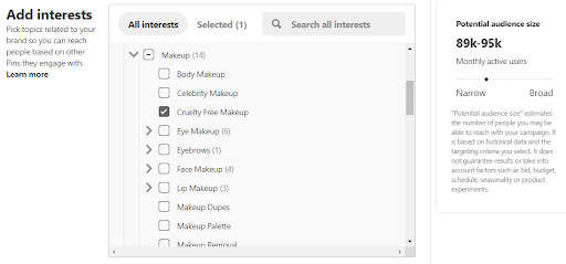 screenshot of Pinterest ad hyper-targeting cruelty-free makeup