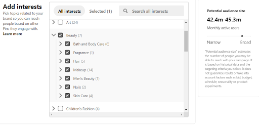 screenshot of Pinterest ad targeting options