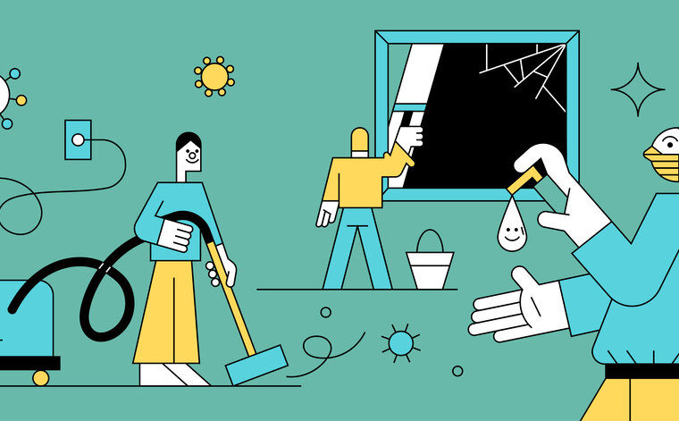 green, yellow and blue line illustration of people cleaning
