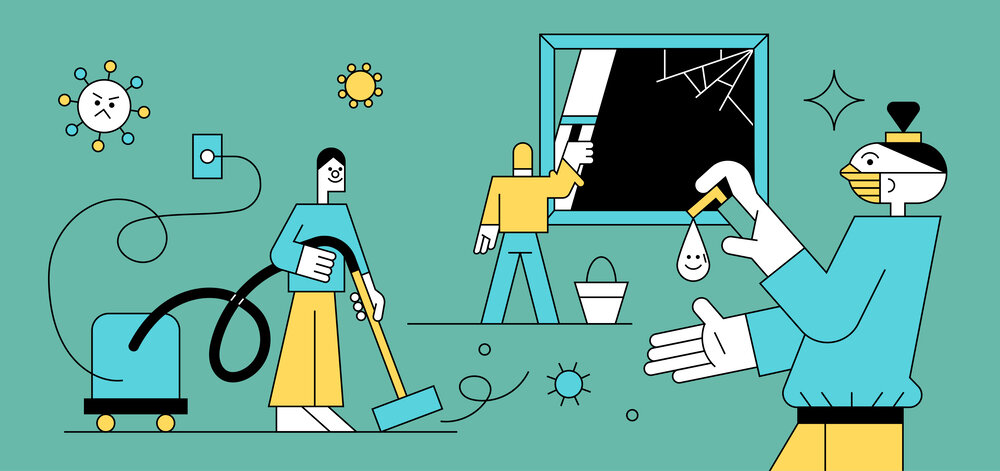 green, yellow and blue line illustration of people cleaning