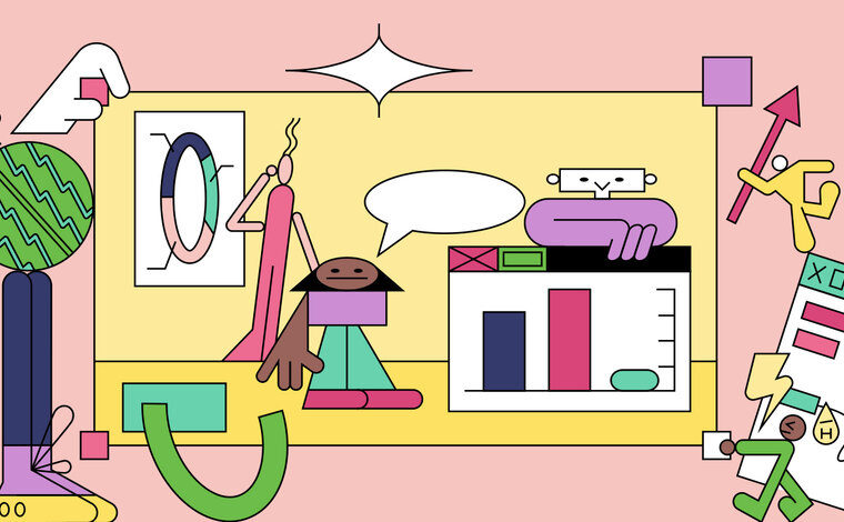 colorful line illustration of two people in a retail setting - digital marketing for startups
