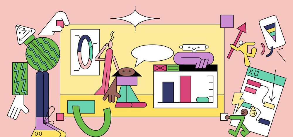 colorful line illustration of two people in a retail setting - digital marketing for startups