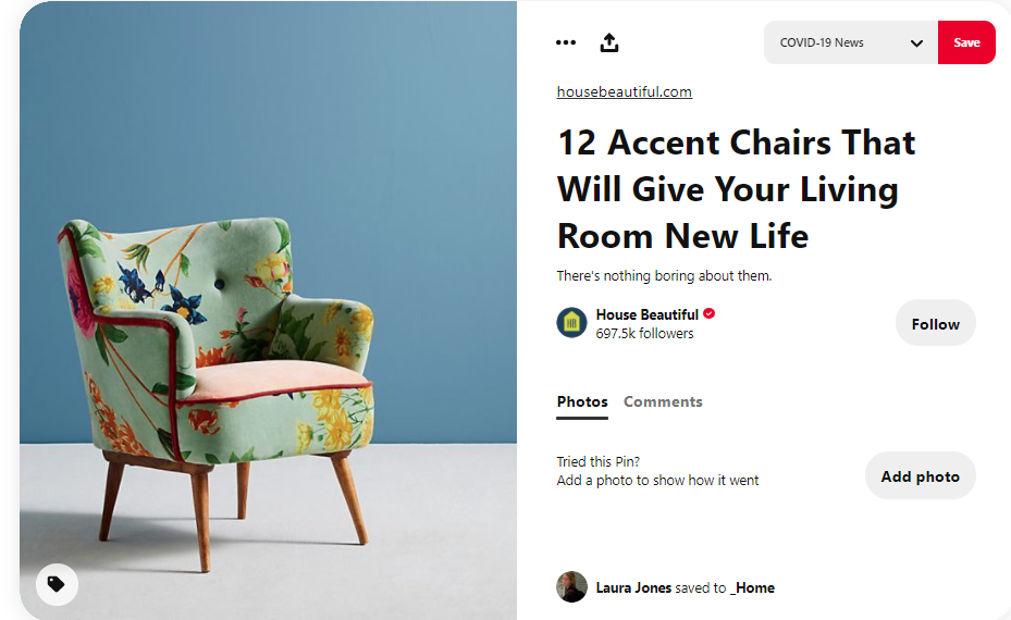 housebeautiful pin of an floral accent chair