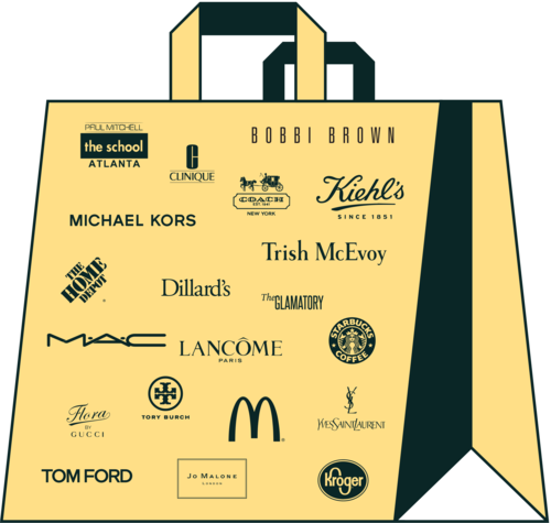  line illustration of yellow shopping bag covered in logos of major brands