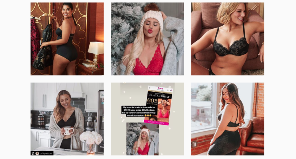 A compilation of 6 images from Screengrab of the @maidenform Instagram feed in mid-December