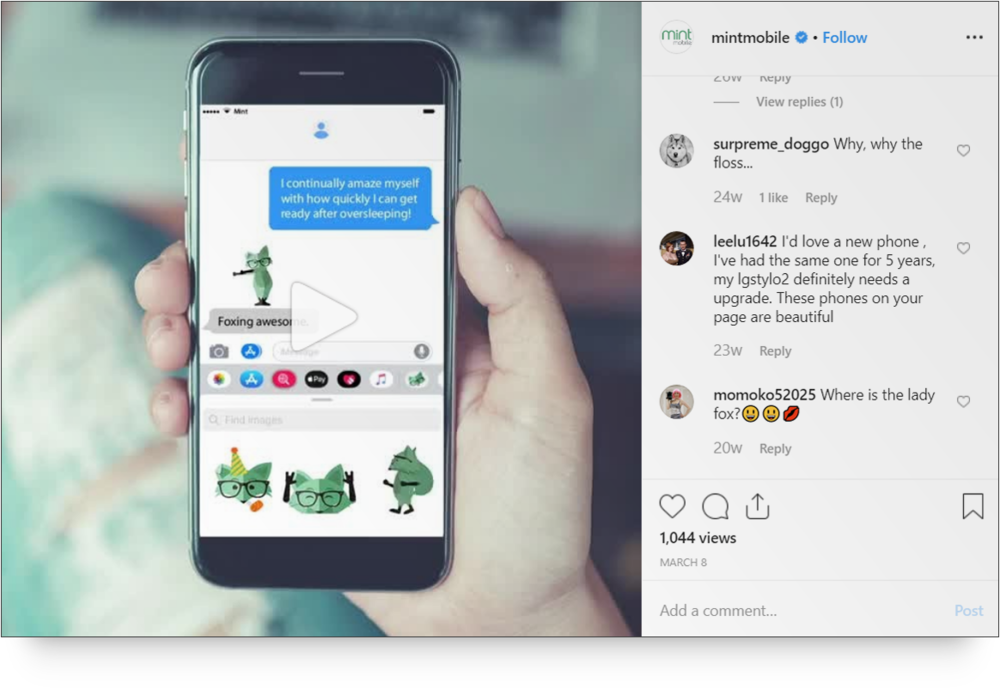 A screenshot of a video post from mint mobile on Instagram. 