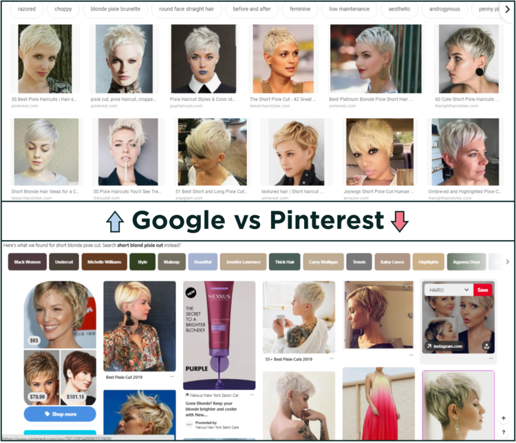 screenshot comparing short blond pixie cut SERPS on Google and Pinterest - pinterest as a search engine