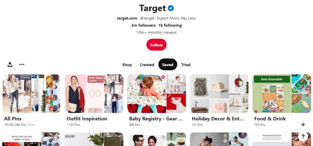 screenshot of Target's Pinterest boards - pinterest marketing