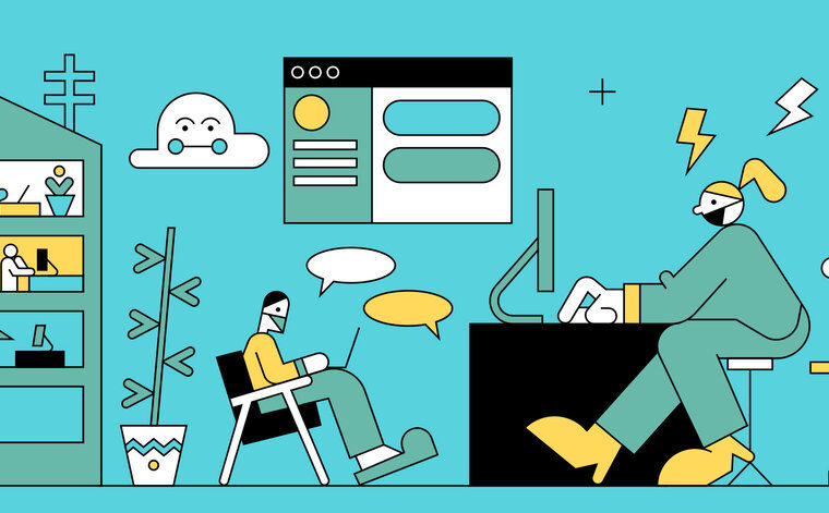 line illustration of people wearing masks and working at desks