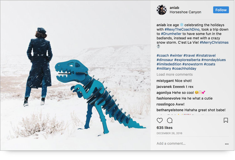 Instagram post from @aniab in the background with a blue Rexy in the foreground