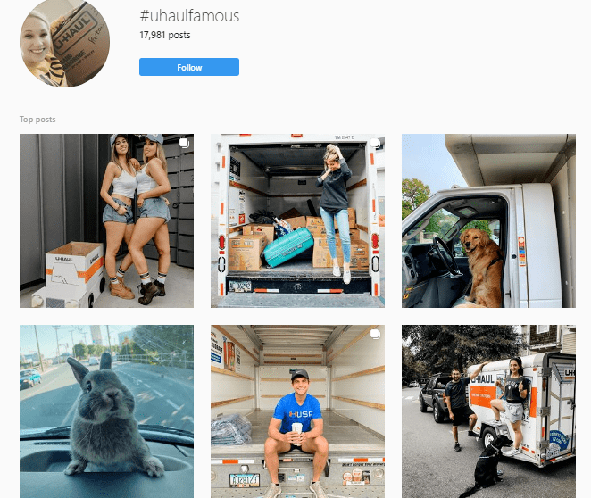 Screenshot of top posts from  #uhaulfamous on Instagram.