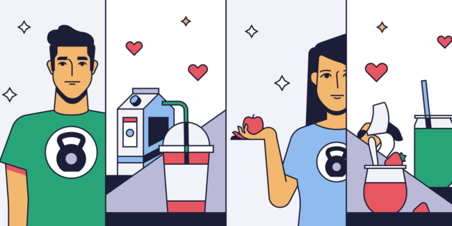 colorful line illustration of a man, a woman, and healthy foods