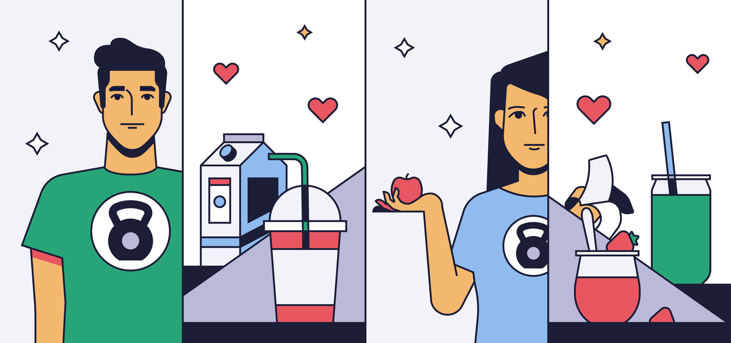 colorful line illustration of a man, a woman, and healthy foods