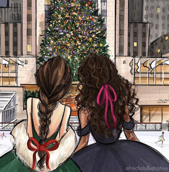 A picture of a sketch of two girls looking at a christmas tree from @hnicholsillustration on Instagram.