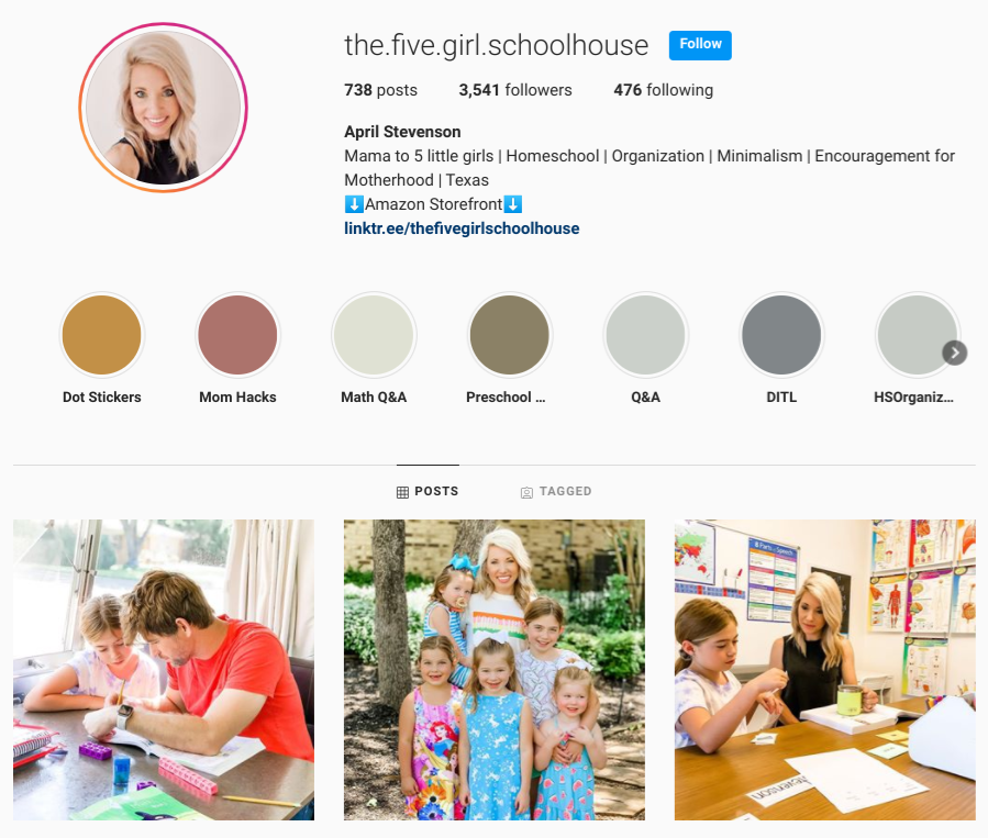 screenshot of Instagram profile for @the.five.girl.schoolhouse