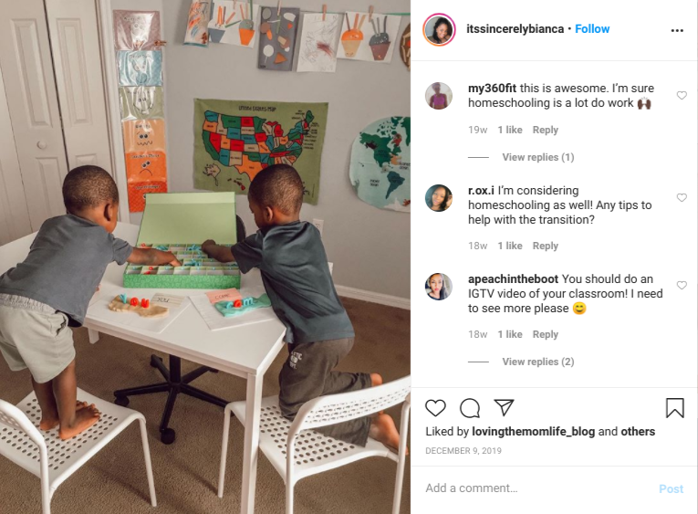 screenshot of Instagram post of homeschooling sons of @itssincerelybianca