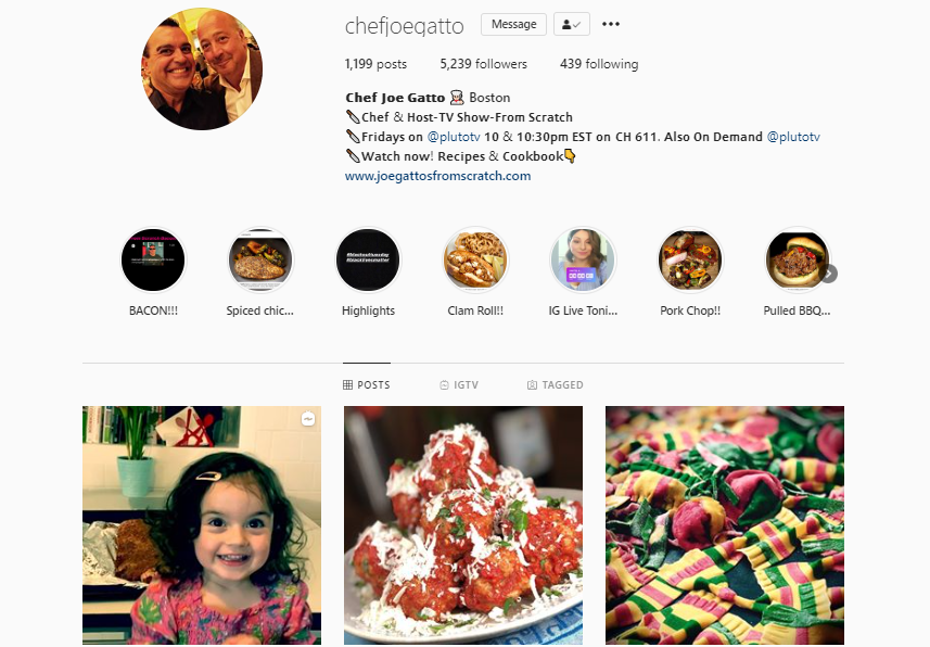 screenshot of IG profile for @chefjoegatto