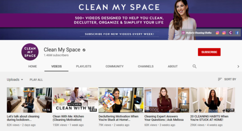 screenshot of the YouTUbe channel page for CLEAN MY SPACE