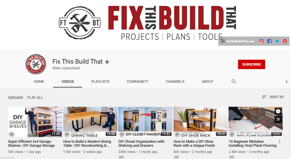 screenshot of the YouTube channel page for FIX THIS BUILD THAT