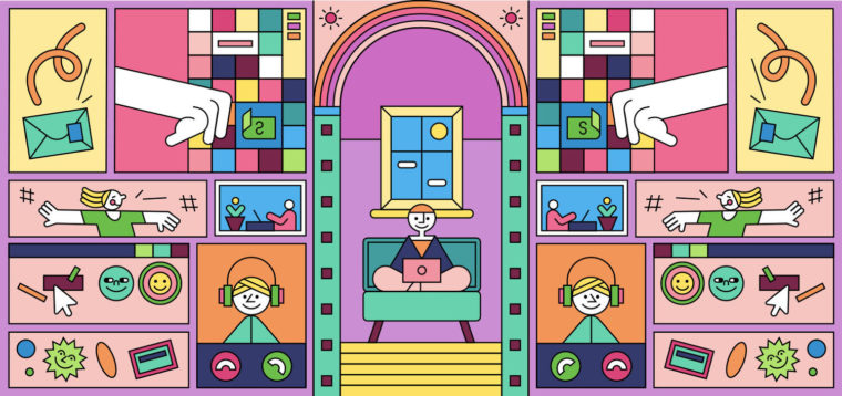illustration of different people in different rooms of a house