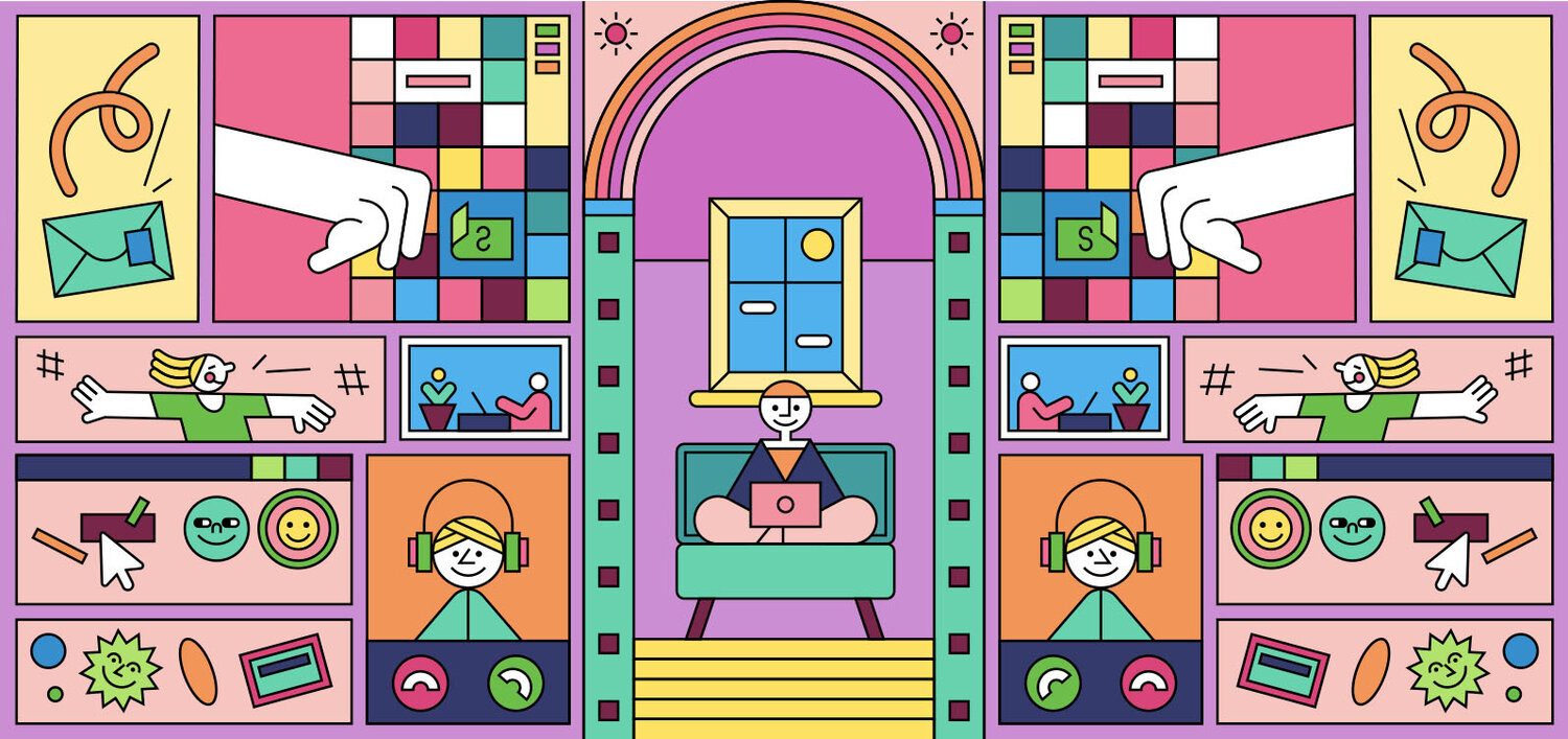 illustration of different people in different rooms of a house