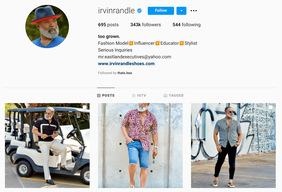 screenshot of Instagram profile of over-50 male model @irvinrandle
