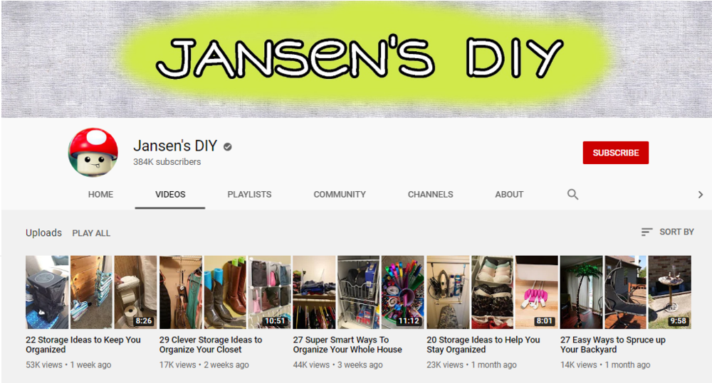 screenshot of the YouTube channel page for JANSEN’S DIY