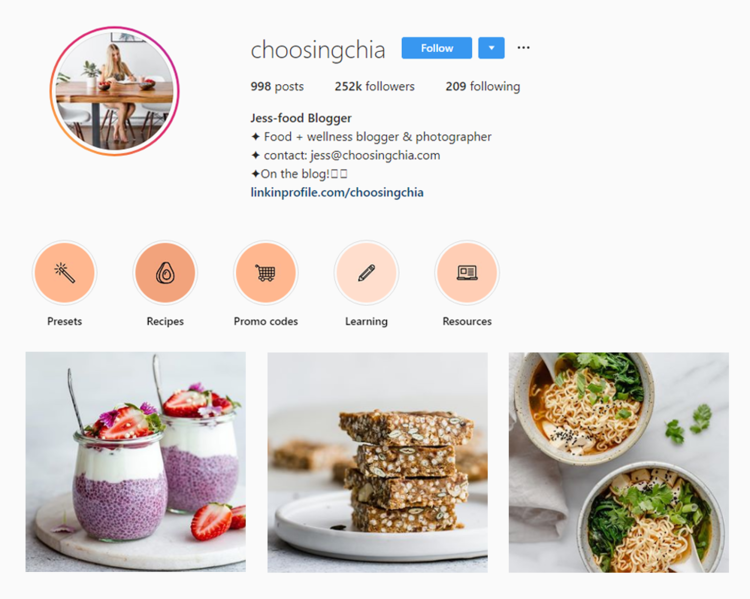 Screenshot of @choosingchia handle on Instagram.