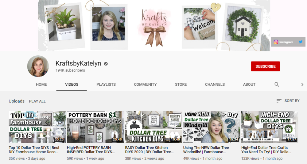 screenshot of the YouTube channel page for KRAFTSBYKATELYN