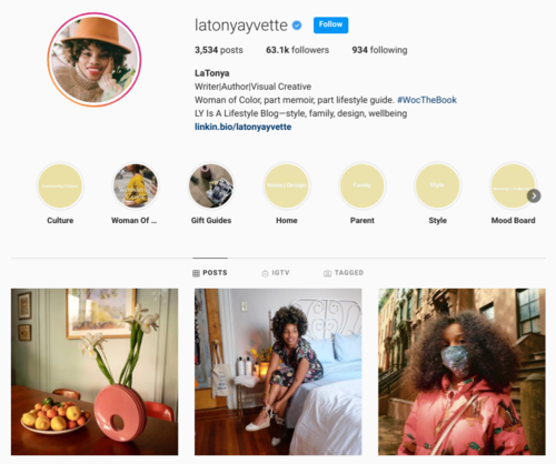 screenshot of the Instagram profile of latonyayvette