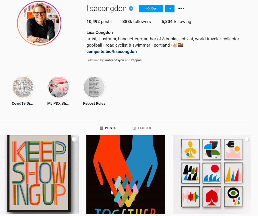 screenshot of Instagram profile of over-50 artist @lisacongdon