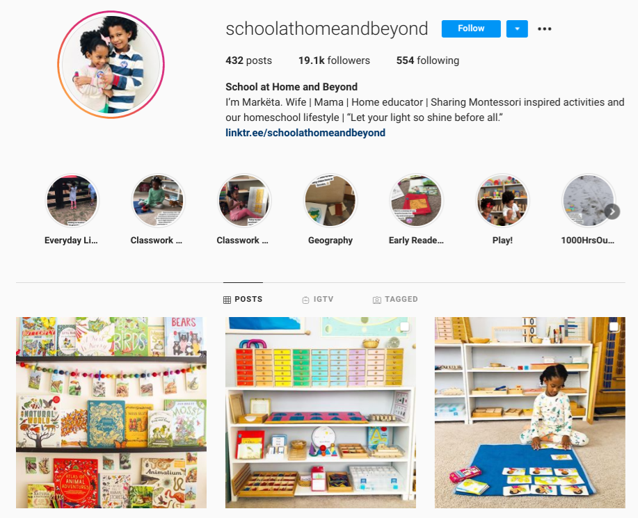 screenshot of Instagram profile for @schoolathomeandbeyond