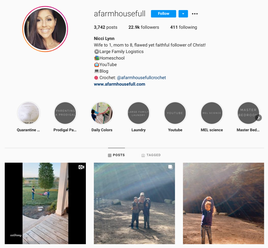 screenshot of Instagram profile for @afarmhousefull